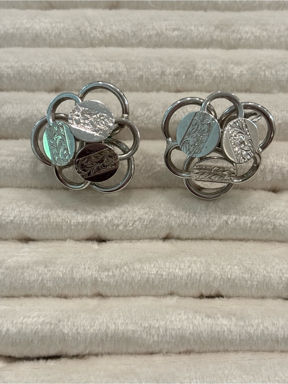 Sarah Coventry Silver Floral Engraved Cluster Stud Earrings